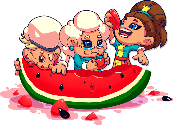 Nana, Nina, and Chef eating a watermelon