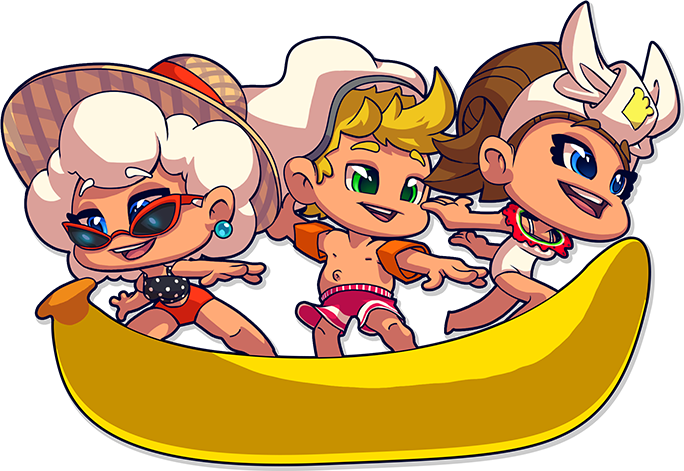 Nana, Nina, and Arthur in a banana boat